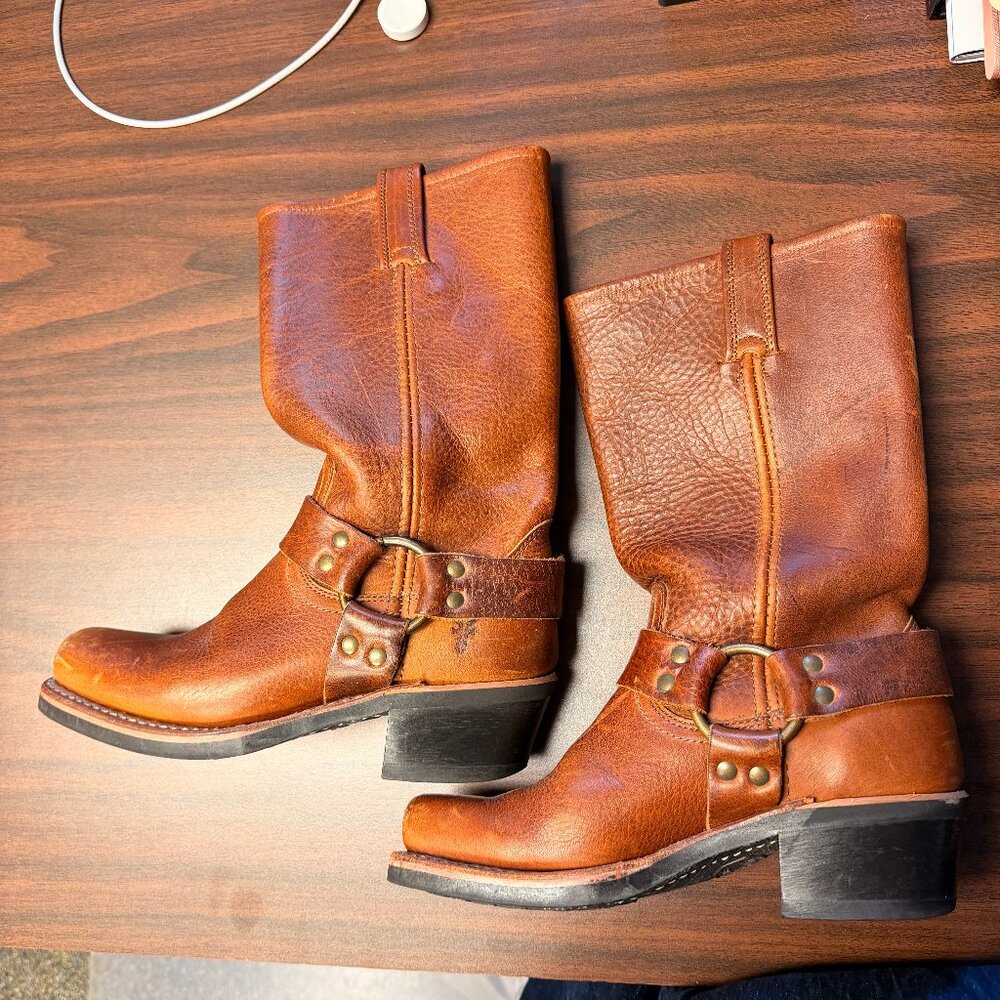 Frye Boots Harness 12R Vintage Cognac Brown Leather Moto Size 5.5